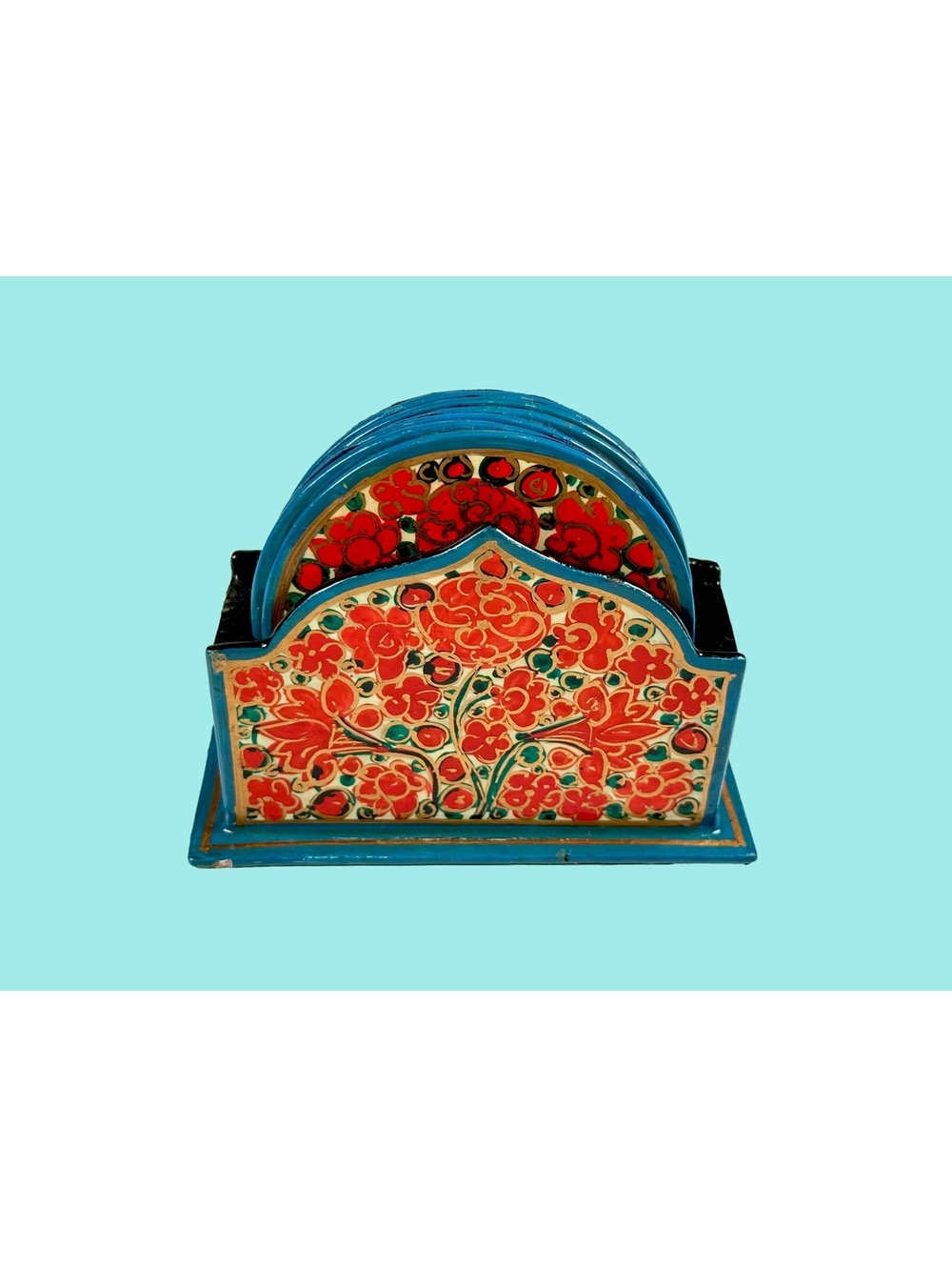 Set of 6 Kashmiri Papier Mache Coaster Hand Painted Floral Indian Boho Decor